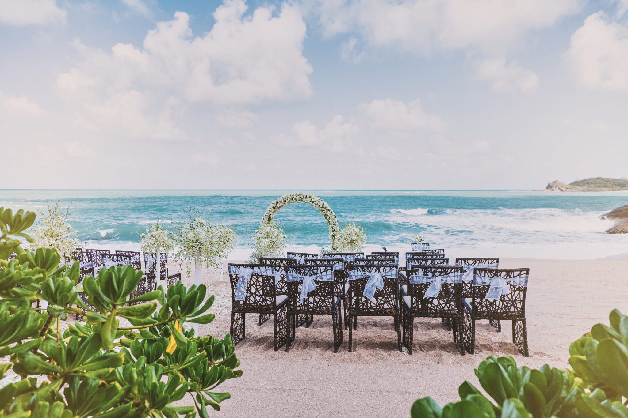 Wedding ceremony venue setting on the beach, white sand with panoramic ocean in background, tree in foreground, clear sky, flowers and floral decoration for arch, the roses petals on the aisle walk way.